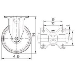 Standus ratukas, poliamidinis ratas: Ø80x34mm, nerūdijančio plieno plokštės tvirtinimas: 100x85mm. Apkrova: 200kg, Tente 8478UOO