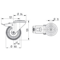Pasukamas ratukas, poliuretano ratas: Ø100x32mm, su stabdžiu, nerūdijančio plieno, viena varžto skylė. Apkrova: 150kg, Tente 847