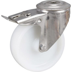 Pasukamas ratukas, poliamidinis ratas: Ø125x40mm, su stabdžiu, nerūdijančio plieno, viena varžto skylė. Apkrova: 150kg, Tente 84