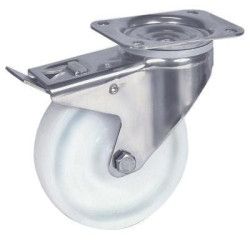 Pasukamas ratukas, poliamidinis ratas: Ø160x40mm, su stabdžiu, nerūdijančio plieno plokštės tvirtinimo detalė: 137x105mm, apkrov