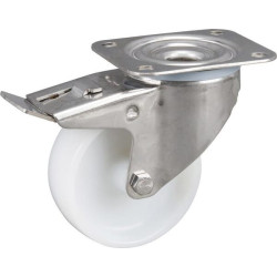 Pasukamas ratukas, poliamidinis ratas: Ø100x36 mm, su stabdžiu, nerūdijančio plieno plokštės tvirtinimas: 105x85 mm. Apkrova: 20