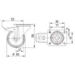 Pasukamas ratukas, poliamidinis ratas: Ø100x36 mm, su stabdžiu, nerūdijančio plieno plokštės tvirtinimas: 105x85 mm. Apkrova: 20