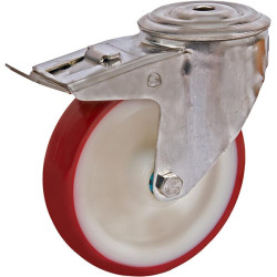 Pasukamas ratukas, poliuretano ratas: Ø125x32mm, su stabdžiu, nerūdijančio plieno, viena varžto skylė. Apkrova: 150kg, Tente 847