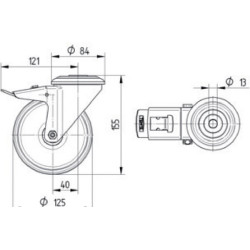 Pasukamas ratukas, poliuretano ratas: Ø125x32mm, su stabdžiu, nerūdijančio plieno, viena varžto skylė. Apkrova: 150kg, Tente 847