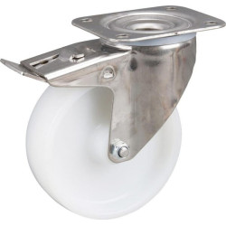 Pasukamas ratukas, poliamidinis ratas: Ø125x40mm, su stabdžiu, nerūdijančio plieno plokštės tvirtinimo detalė: 105x85mm. Apkrova