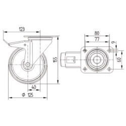 Pasukamas ratukas, poliamidinis ratas: Ø125x40mm, su stabdžiu, nerūdijančio plieno plokštės tvirtinimo detalė: 105x85mm. Apkrova