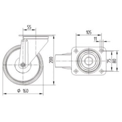 Pasukamas ratukas, poliuretano ratas: Ø160x40mm, nerūdijančio plieno plokštės tvirtinimas: 137x105mm. Apkrova: 350kg, Tente 8470
