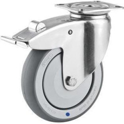 Pasukamas ratukas, guminis ratas: Ø125x32mm, su stabdžiu, nerūdijančio plieno plokštės tvirtinimas: 77x67mm. Apkrova: 100kg, Ten