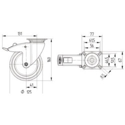 Pasukamas ratukas, guminis ratas: Ø125x32mm, su stabdžiu, nerūdijančio plieno plokštės tvirtinimas: 77x67mm. Apkrova: 100kg, Ten