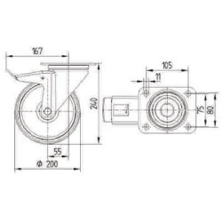 Pasukamas ratukas, poliamidinis ratas: Ø200x50mm, su stabdžiu, nerūdijančio plieno plokštės tvirtinimas: 137x105mm, apkrova: 500