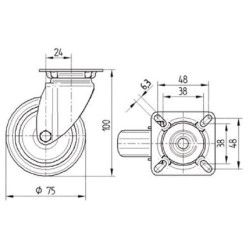 Pasukamas ratukas, guminis ratas: Ø75x25mm, nerūdijančio plieno plokštės tvirtinimas: 60x60mm. Apkrova: 75kg, Tente 7470PJC075P4