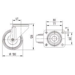 Pasukamas ratukas, poliuretano ratas: Ø100x32mm, nerūdijančio plieno plokštės tvirtinimas: 105x85mm, apkrova: 150kg, Tente 8470U