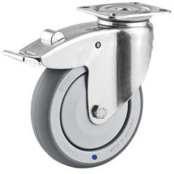 Pasukamas ratukas, guminis ratas: Ø75x25mm, su stabdžiu, nerūdijančio plieno plokštės tvirtinimas: 60x60mm, apkrova: 75kg, Tente