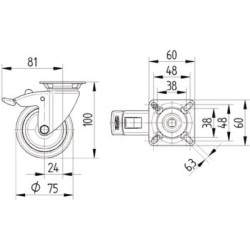 Pasukamas ratukas, guminis ratas: Ø75x25mm, su stabdžiu, nerūdijančio plieno plokštės tvirtinimas: 60x60mm, apkrova: 75kg, Tente