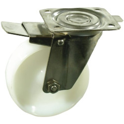 Pasukamas ratukas, poliamidinis ratas: Ø125x40mm, su stabdžiu, nerūdijančio plieno plokštės tvirtinimo detalė: 105x85mm. Apkrova