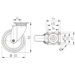 Pasukamas ratukas, guminis ratas: Ø125x32mm, nerūdijančio plieno plokštės tvirtinimas: 77x67mm. Apkrova: 100kg, Tente 7470PJC125