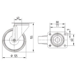 Pasukamas ratukas, guminis ratas: Ø125x40mm, nerūdijančio plieno plokštės tvirtinimas: 105x85mm. Apkrova: 250kg, Tente 8470UFC12