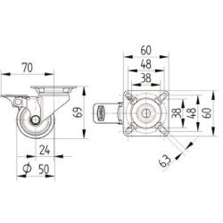 Pasukamas ratukas, guminis ratas: Ø50x19mm, su stabdžiu, nerūdijančio plieno plokštės tvirtinimas: 60x60mm. Apkrova: 50kg, Tente