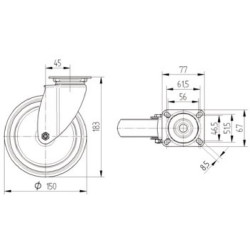 Pasukamas ratukas, guminis ratas: Ø150x32mm, nerūdijančio plieno plokštės tvirtinimas: 77x67mm. Apkrova: 100kg, Tente 7470PJC150