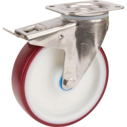 Pasukamas ratukas, poliuretano ratas: Ø160x40mm, su stabdžiu, nerūdijančio plieno plokštės tvirtinimas: 137x105mm. Apkrova: 350k