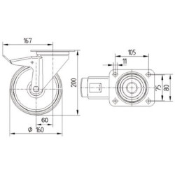 Pasukamas ratukas, poliuretano ratas: Ø160x40mm, su stabdžiu, nerūdijančio plieno plokštės tvirtinimas: 137x105mm. Apkrova: 350k