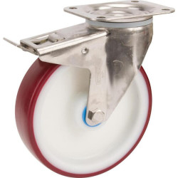 Pasukamas ratukas, poliuretano ratas: Ø125x32mm, su stabdžiu, nerūdijančio plieno plokštės tvirtinimas: 105x85mm. Apkrova: 200kg