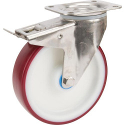 Pasukamas ratukas, poliuretano ratas: Ø200x46mm, su stabdžiu, nerūdijančio plieno plokštės tvirtinimas: 137x105mm. Apkrova: 400k