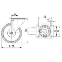 Pasukamas ratukas, poliamidinis ratas: Ø160x40mm, nerūdijančio plieno plokštės tvirtinimas: 137x105mm, apkrova: 500kg, Tente 847