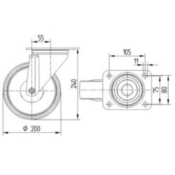 Pasukamas ratukas, poliamidinis ratas: Ø200x50mm, nerūdijančio plieno plokštės tvirtinimas: 137x105mm. Apkrova: 500kg, Tente 847