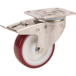 Pasukamas ratukas, poliuretano ratas: Ø100x32mm, su stabdžiu, nerūdijančio plieno plokštės tvirtinimas: 105x85mm, apkrova: 150kg