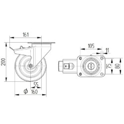 Pasukamas ratukas, poliuretano ratas: Ø160x50mm, su stabdžiu, plokštelės tvirtinimas: 137x105mm. Apkrova: 800kg, Tente 4687ITP16