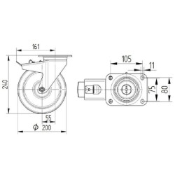 Pasukamas ratukas, poliuretano ratas: Ø200x50mm, su stabdžiu, plokštelės tvirtinimas: 137x105mm. Apkrova: 800kg, Tente 4687ITP20