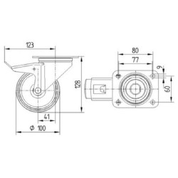 Pasukamas ratukas, guminis ratas: Ø100x40mm, su stabdžiu, plokštelės tvirtinimas: 105x85mm. Apkrova: 200kg, Tente 3477IEP100P62.