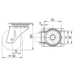 Pasukamas ratukas, poliuretano ratas: Ø160x50mm, plokštelės tvirtinimas: 137x105mm. Apkrova: 800kg, Tente 4680ITP160P63.