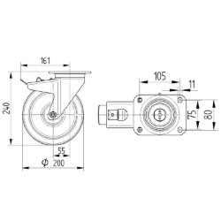 Pasukamas ratukas, poliamidinis ratas: Ø200x50mm, su stabdžiu, plokštelės tvirtinimas: 137x105mm, apkrova: 800kg, Tente 4687UOP2