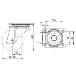 Pasukamas ratukas, guminis ratas: Ø200x50mm, plokštelės tvirtinimas: 137x105mm. Apkrova: 450kg, Tente 4680IEP200P63.