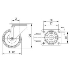 Pasukamas ratukas, guminis ratas: Ø100x40mm, plokštelės tvirtinimas: 105x85mm. Apkrova: 200kg, Tente 3470IEP100P62.