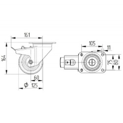 Pasukamas ratukas, poliamidinis ratas: Ø125x50mm, su stabdžiu, plokštelės tvirtinimas: 137x105mm. Apkrova: 700kg, Tente 4687TOP1