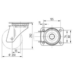 Pasukamas ratukas, guminis ratas: Ø250x50mm, plokštelės tvirtinimas: 137x105mm. Apkrova: 500kg, Tente 4680IEP250P63.