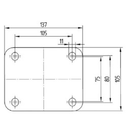 Pasukamas ratukas, guminis ratas: Ø200x50mm, plokštelės tvirtinimas: 137x105mm. Apkrova: 75kg, Tente 3470DPR200P63.