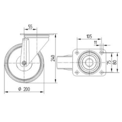 Pasukamas ratukas, guminis ratas: Ø200x50mm, plokštelės tvirtinimas: 137x105mm. Apkrova: 75kg, Tente 3470DPR200P63.