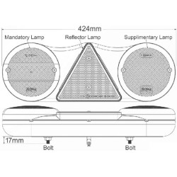 Galinis žibintas kairysis LED, stačiakampis, 12 V, gintaro/raudono spalvos, tvirtinamas varžtais, 424 x 75 mm, Britax L14215L12V