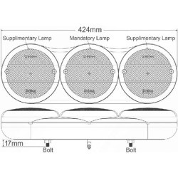 Galinis žibintas LED, stačiakampis, 12 V, gintaro/raudono spalvos, tvirtinamas varžtais, 424 x 75 mm, 1 kontakto, Britax L14100L