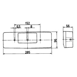 Galinis žibintas dešinysis, stačiakampis, 12V, gintaro/raudono spalvos, tvirtinamas varžtais, 285x56x96mm, Jokon 106001470