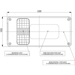 Galinis žibintas RH 5/21W, stačiakampis, 12/24V, baltas/oranžinis/raudonas, 218x54,5x100mm, gopart LA45014