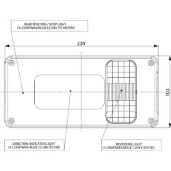 Galinis žibintas LH 5/21W, stačiakampis, 12/24V, baltas/oranžinis/raudonas, 218x54,5x100mm, gopart LA45015